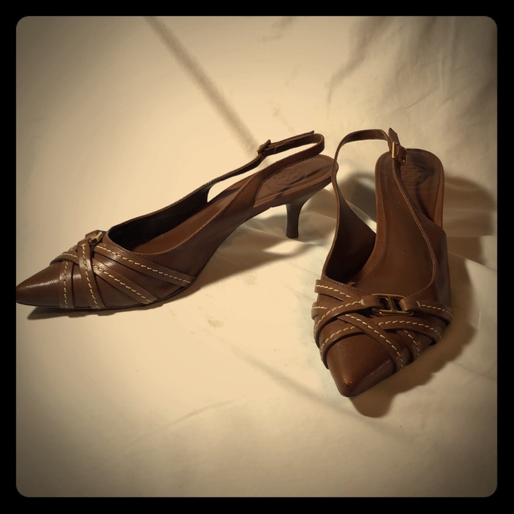 Tory Burch sling brown leather kitten heels Size 9